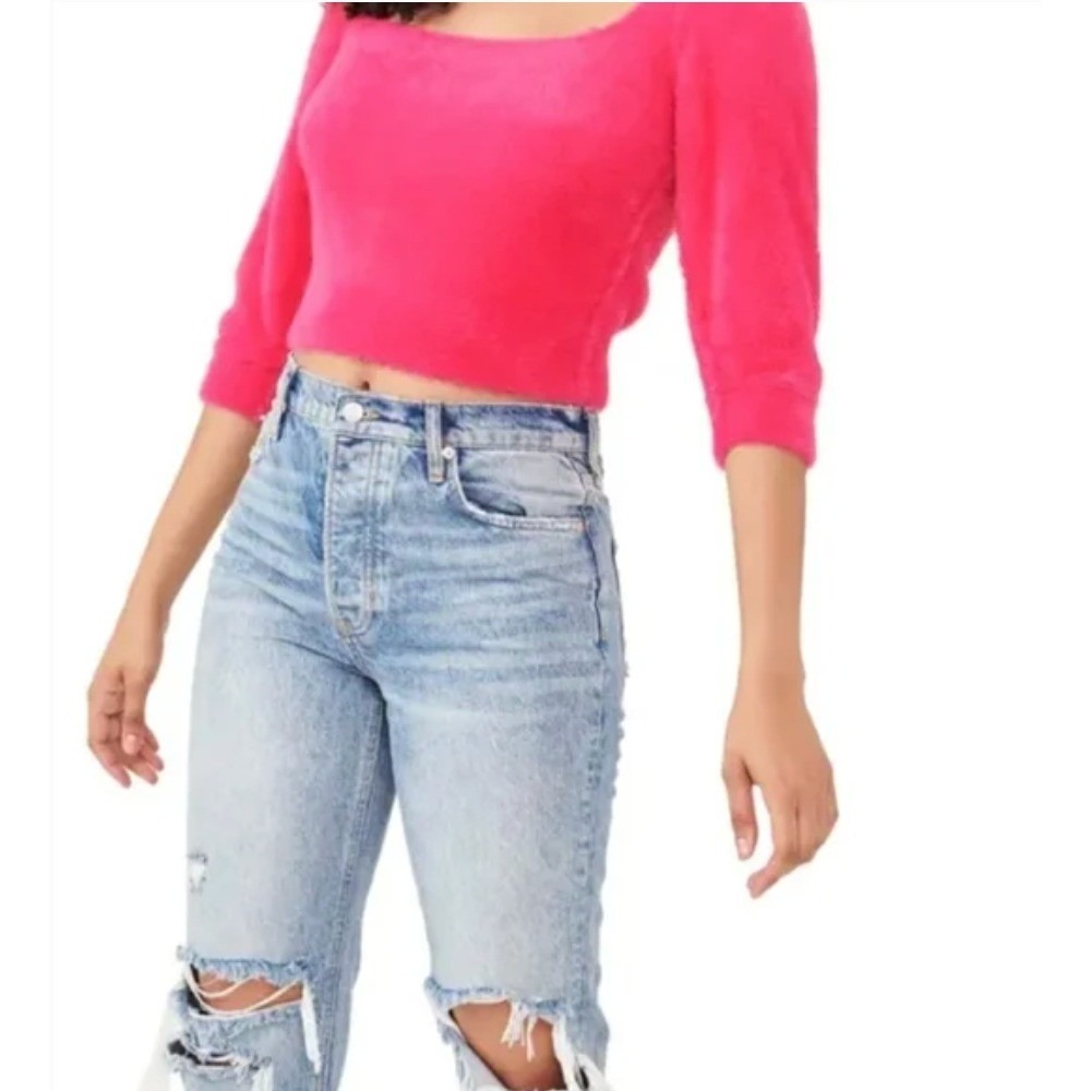 Free People Moonbeam Hot Pink Fuzzy Cropped Sweater Sleeve Size L Puffed Sleeves